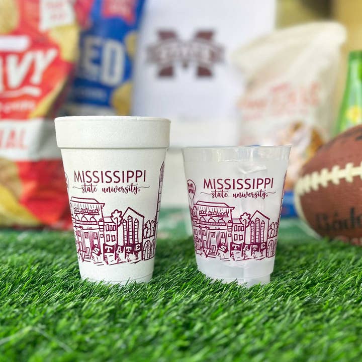 Two Funny Girls - Wholesale Disposable Cup - Foam Cup 10 Pack {Mississippi State Skyline - Starkville}1