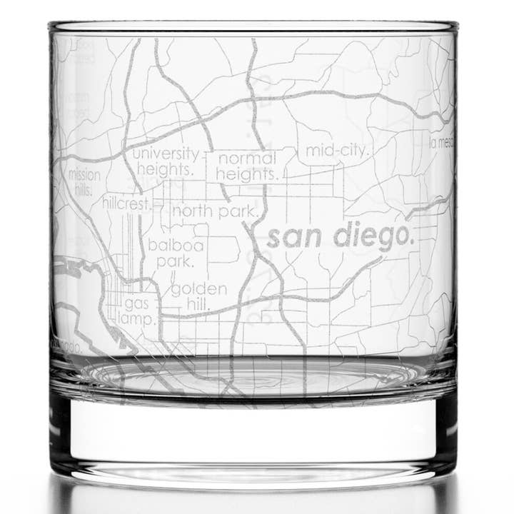 San Diego, CA City Map - Etched Whiskey Rocks Glass for wholesale by Well Told