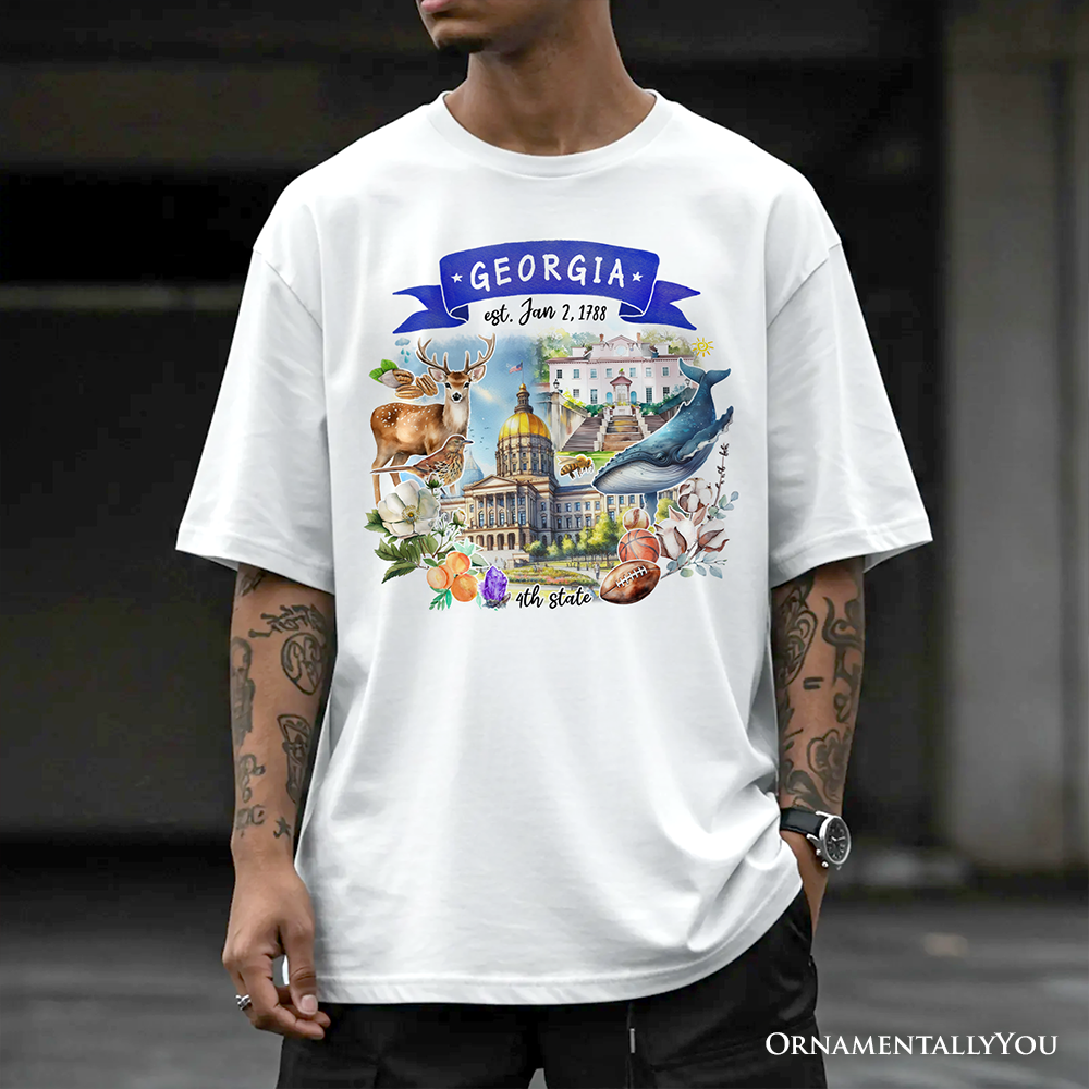 White Artistic Georgia State Themes and Landmarks T-Shirt for wholesale on Faire4