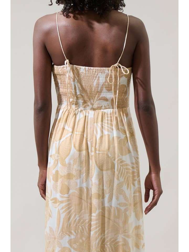 OATMEAL WHITE Geneva Floral Tell Smocked Midi Dress for wholesale on Faire