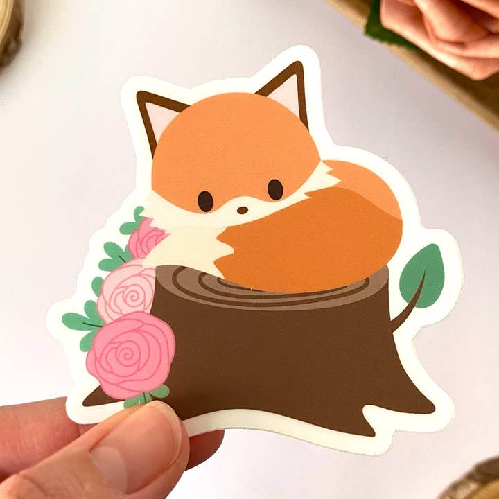 Fox on Rose Stump Vinyl Sticker for wholesale by Meow Amor Creative