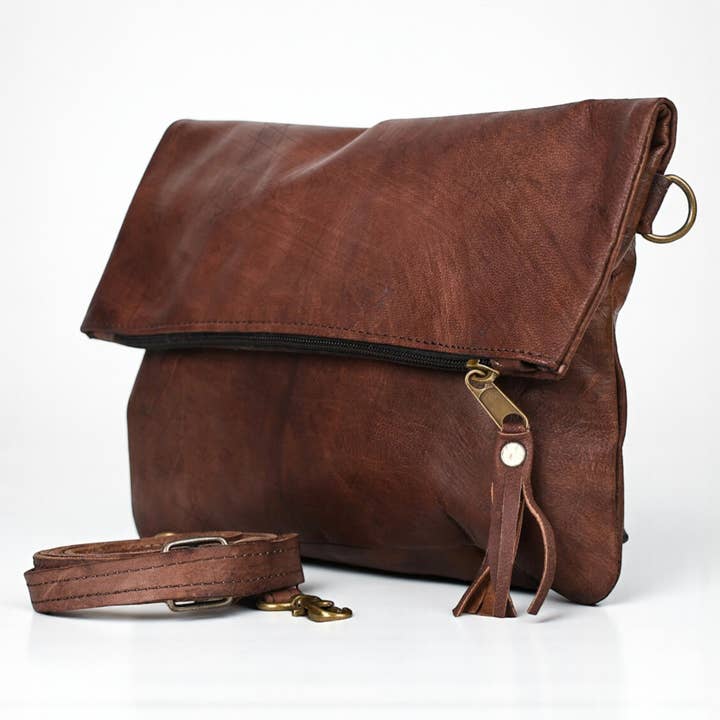 Leather Cross Body Bag – Foldover Clutch Crossbody, Zip Top for wholesale by Melecraft
