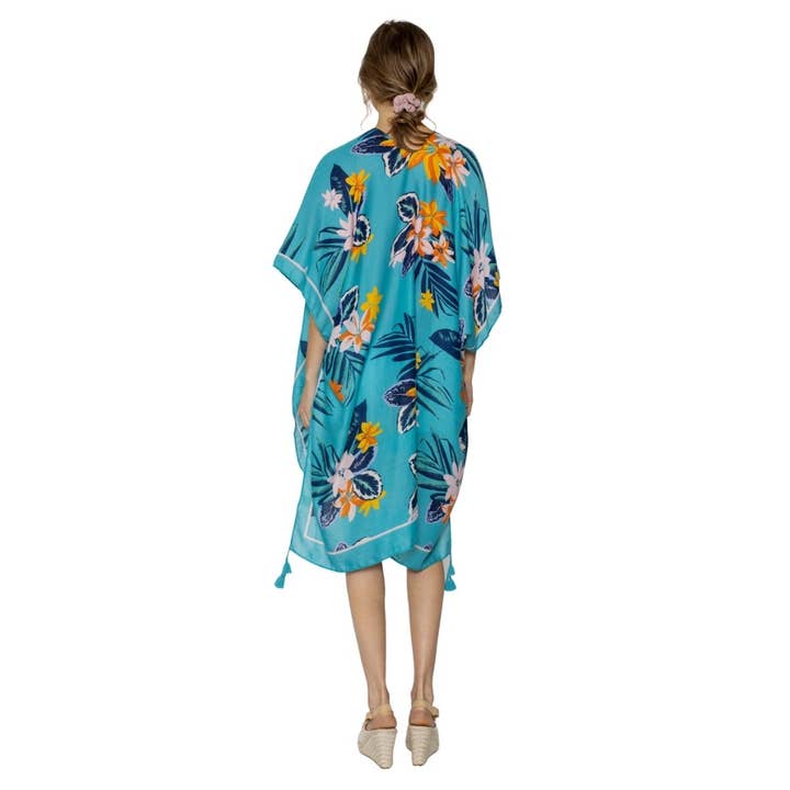PinktownUSA - Wholesale Kimono - Women's - Turquoise Tropical Floral Tassel Kimono
