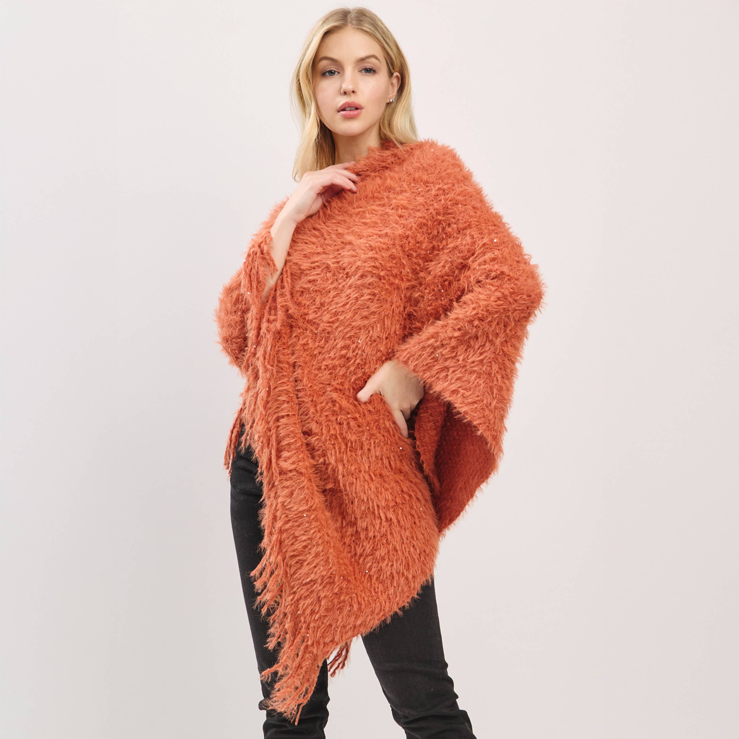 Hana – wholesale Poncho – Women's – Fuzzy Sequin with Fringe Light Weight Poncho12