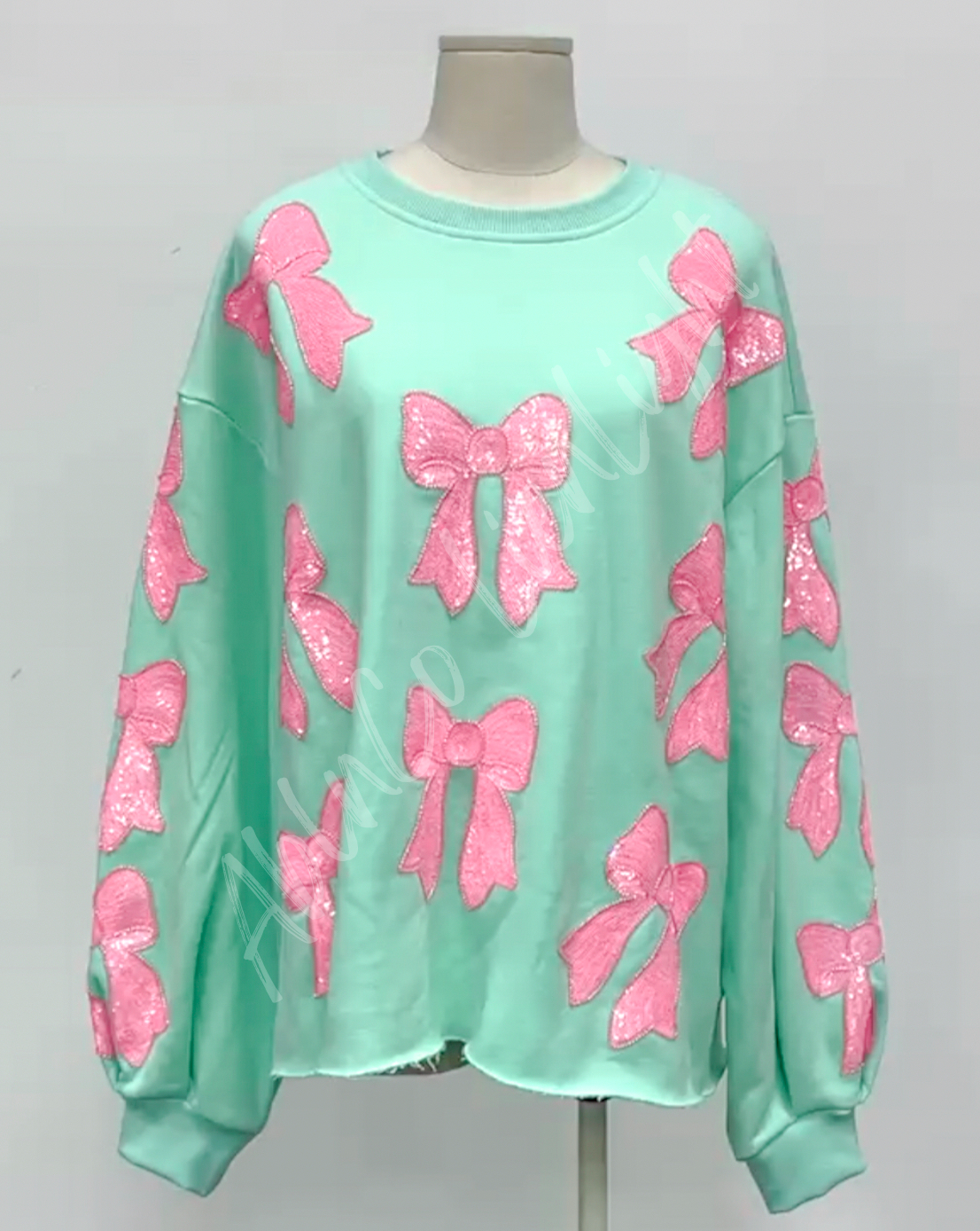 ABLNco - Wholesale Sweatshirt - Women's - Preppy Pink Coquette Bow Sequins Mint Sweatshirt0