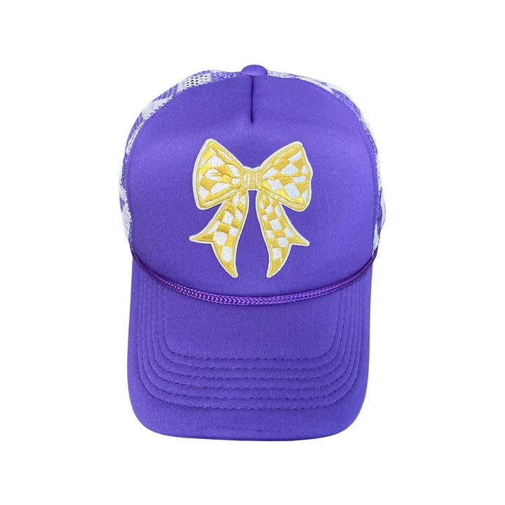 Valois Designs - Wholesale Trucker hat – Women’s - Purple & Gold Bow Checker Trucker Hat - Game Day0