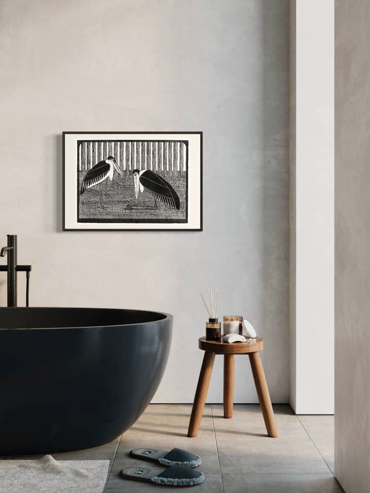 Two maraboos by Samuel Mesquita. A4, A3, A2 Wall Art. Vintage Wall Art Print. Lino Print, Nature Art, Environment, Birds, Mothers Day gift for wholesale by Gabrielle Dalsan