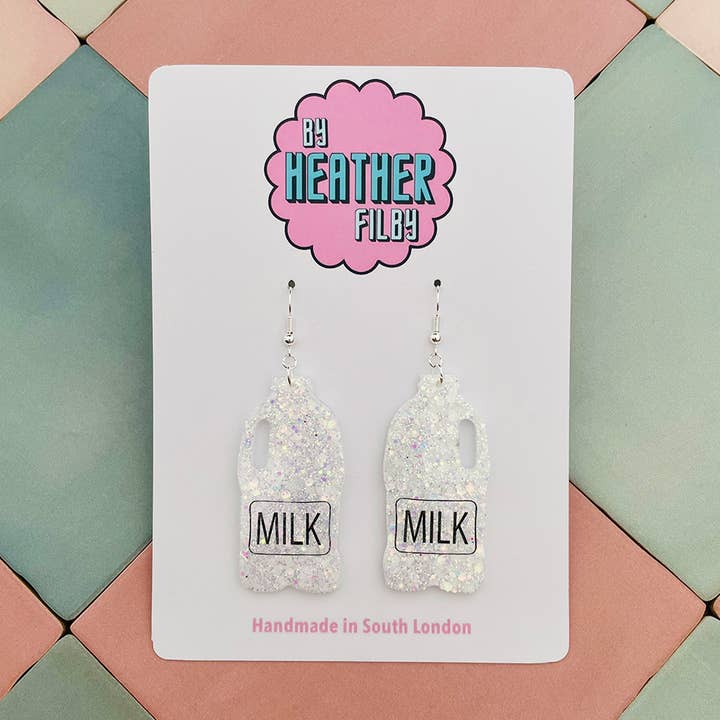 Milk Bottle Glitter Earrings for wholesale by By Heather Filby