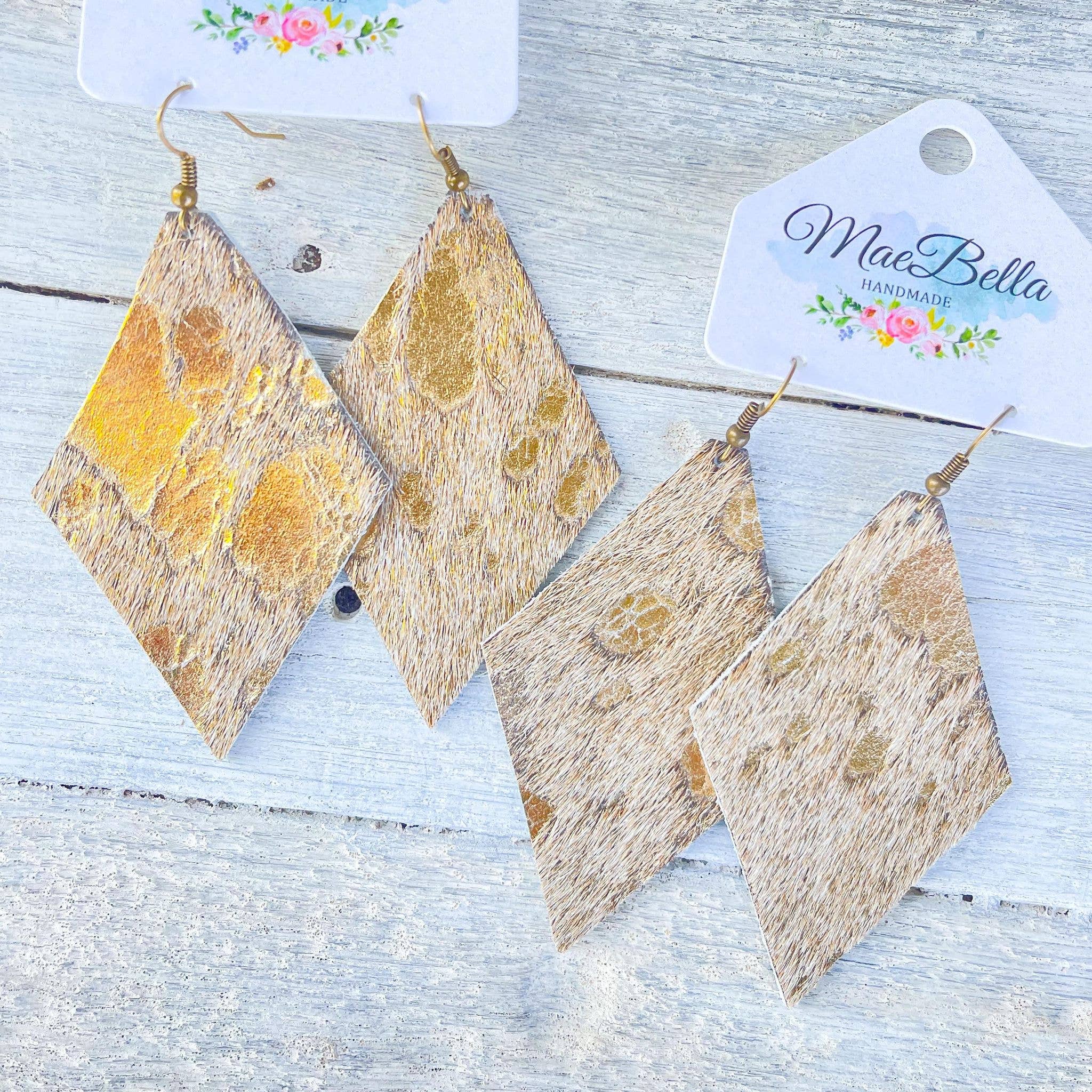 Hazel Hill ~MaeBella~ - Wholesale Dangle Earrings - Leather Earrings Maxine Hair on Hide Gold Foil1