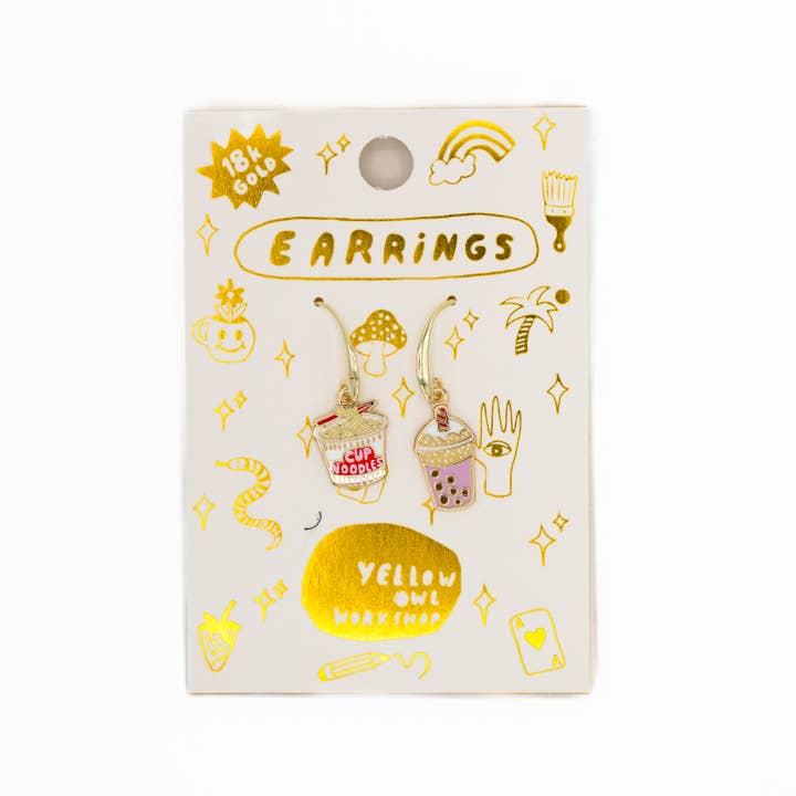 Yellow Owl Workshop - Wholesale Dangle Earrings - Cup Noodle & Boba Earrings - Gold Junk Food Statement
