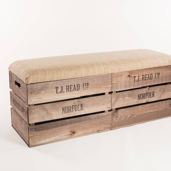 Natural stripe tweed storage bench for wholesale by Tiffany Jayne