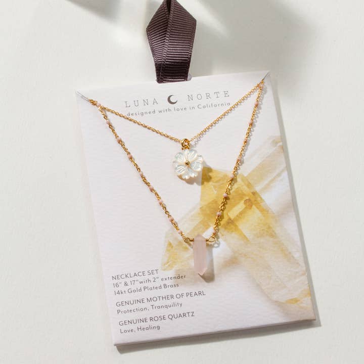 Luna Norte - Wholesale Jewelry Set - Blooming Crystal Layered Necklace Set- Rose Quartz