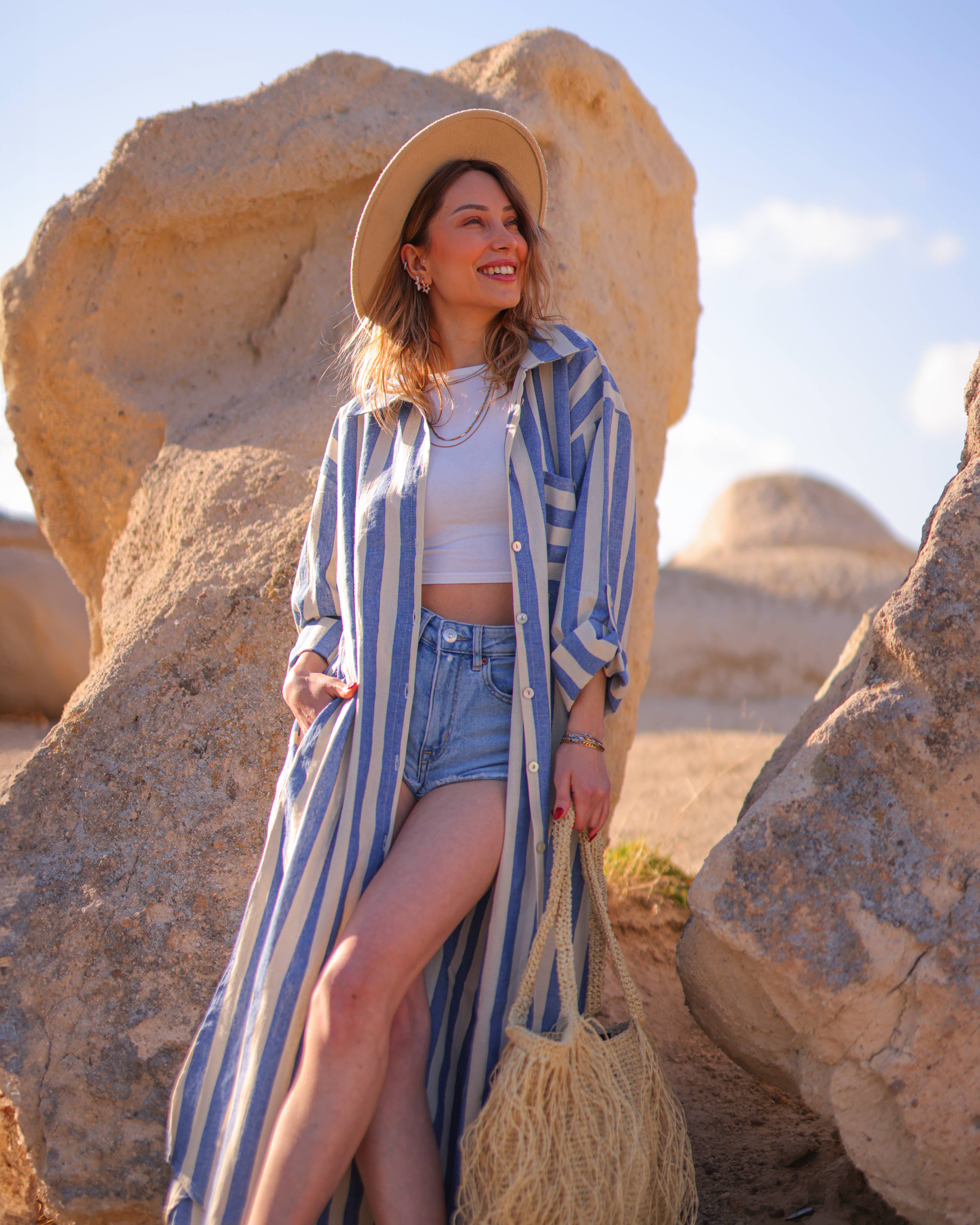 Moa - Wholesale Dress - Women's - Anthracite Striped Long Linen Shirt Dress7