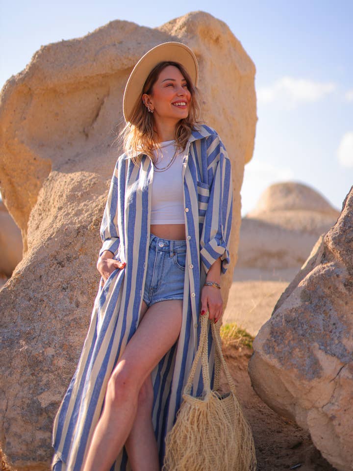 Moa - Wholesale Dress - Women's - Anthracite Striped Long Linen Shirt Dress7