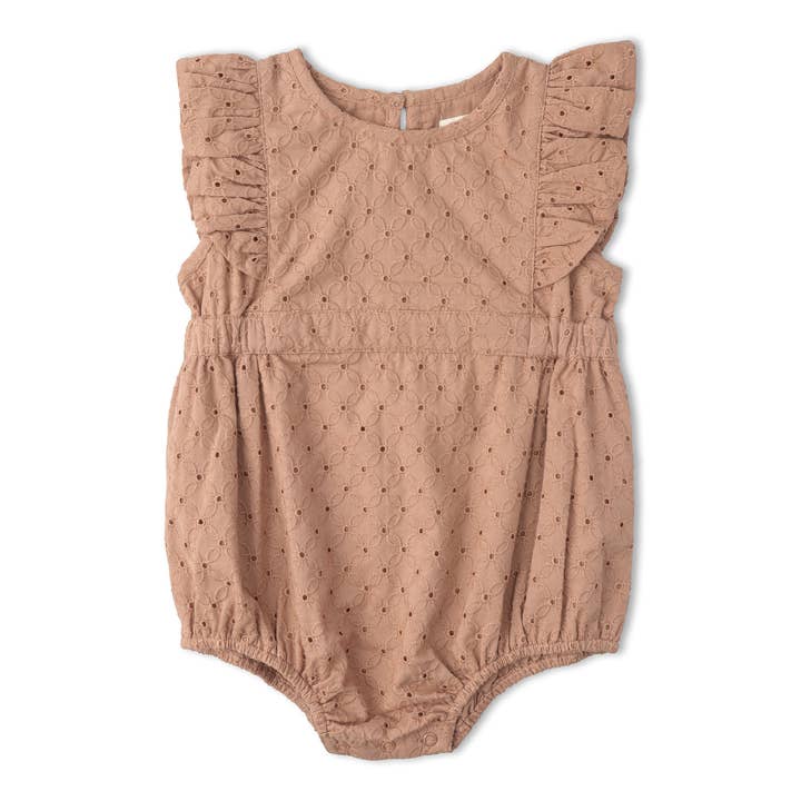 Organic Eyelet Flutter Romper - Clay Eyelet for wholesale by Makemake Organics