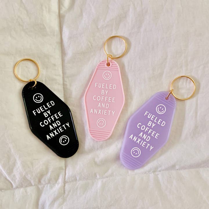 Fueled By Coffee + Anxiety Keychain - Iced Coffee Love for wholesale by Happyish Brand