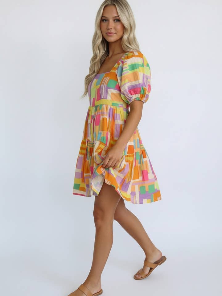 SQUARE NECK BABYDOLL MULTI COLOR DRESS for wholesale by Kori America