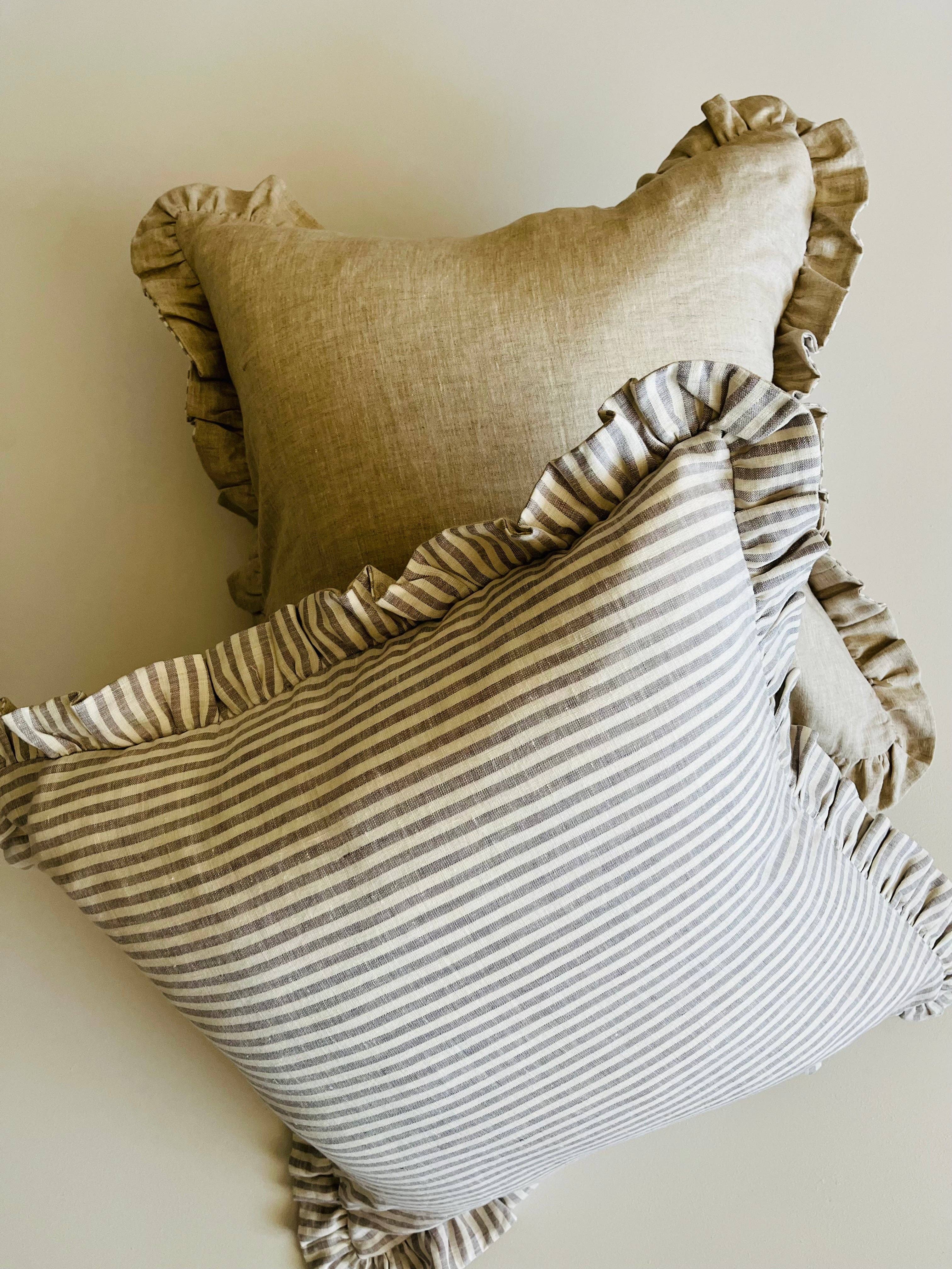 Mama and Tochter - Wholesale Throw Pillow Cover - Pure Linen Reversible Ruffle Cushion Cover - Grey Stripe - Natural1