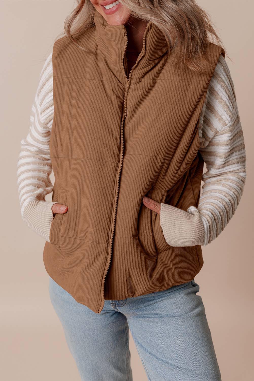 1 the Woman - Wholesale Outerwear Vest - Women's - Corduroy Stand Neck Zipped Puffer Vest13