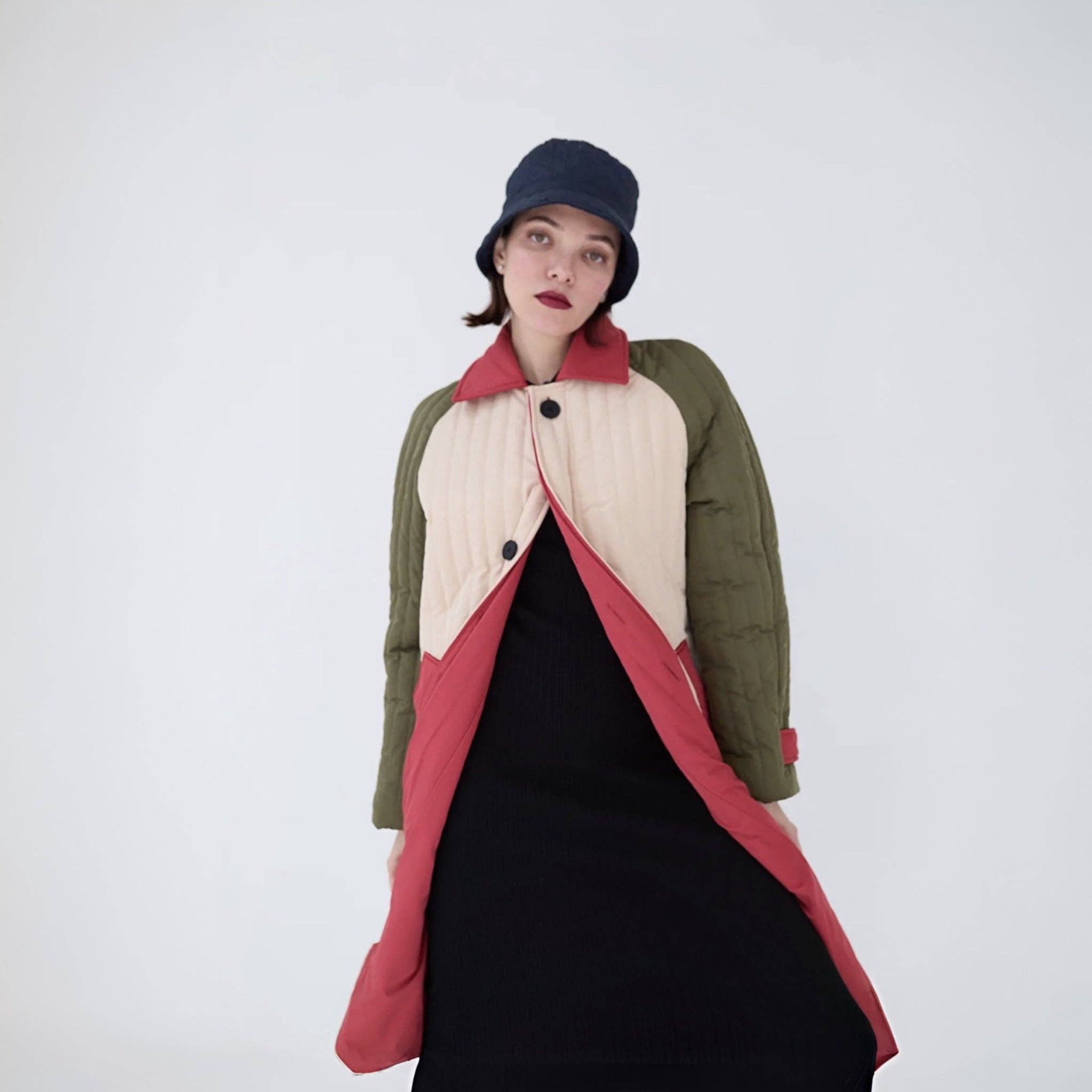 London Atelier Byproduct – wholesale Jacket – Women's – Beige Khaki Patchwork Color Block Quilt Long Jacket5