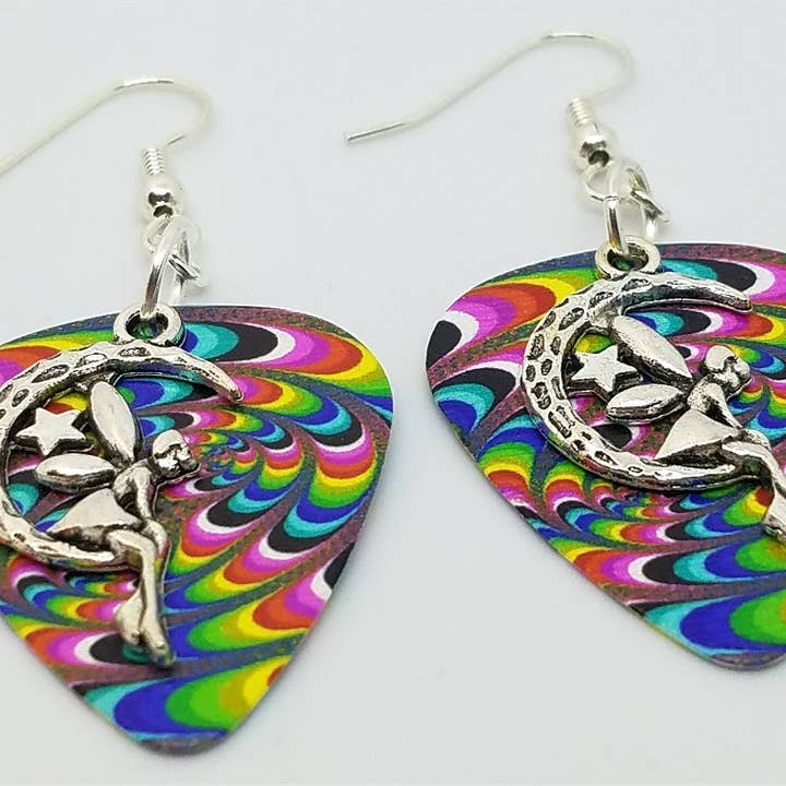 Simply Raevyn - Wholesale Dangle Earrings - Fairy on the Half Moon Charm Guitar Pick Earrings32