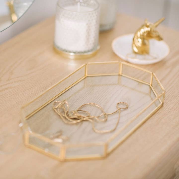 Golden glass jewelry tray for wholesale by Andrea House