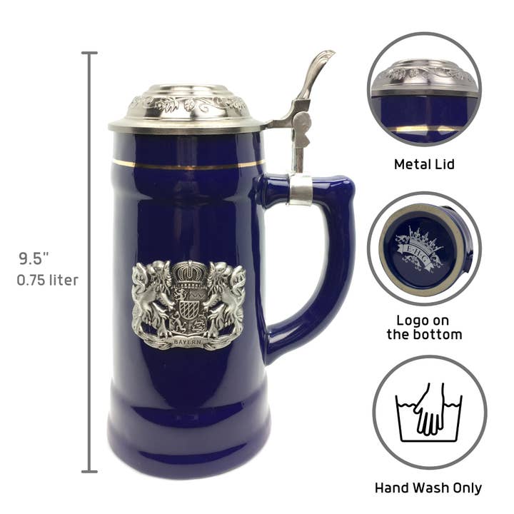 European Heritage Gifts - Wholesale Beer Glass/Mug - .75L Bayern Cobalt Blue Medallion Lidded German Beer Stein2