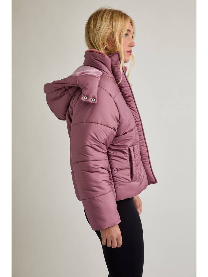 MAUVE PUFFER JACKET WITH ATTACHABLE HOODIE for wholesale on Faire4