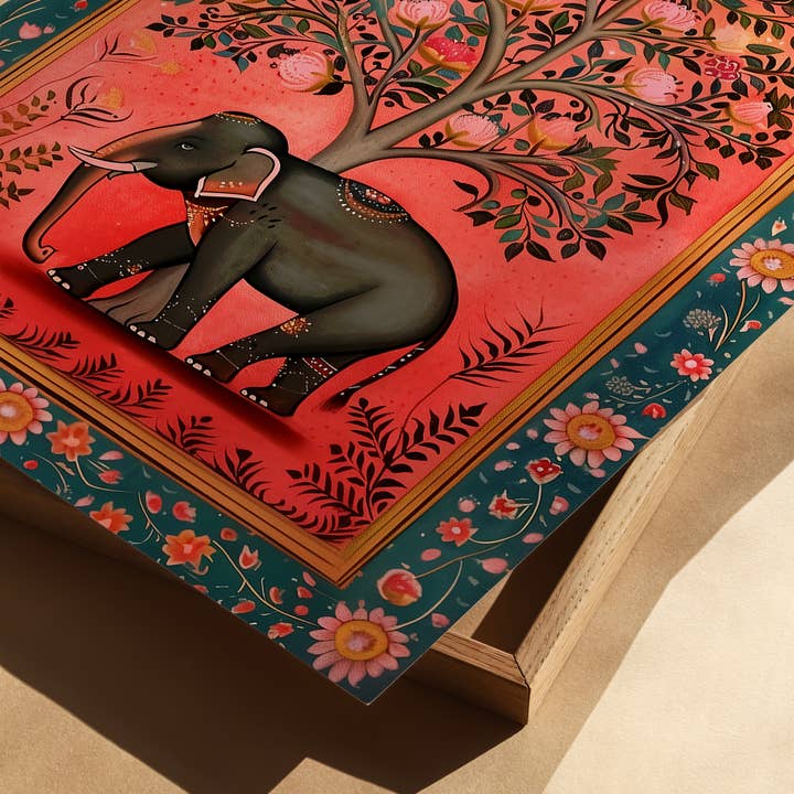 IuliiaArtPrints - Wholesale Art Print - Indian Folk Art – Black Elephant with Pomegranate Tree Print1