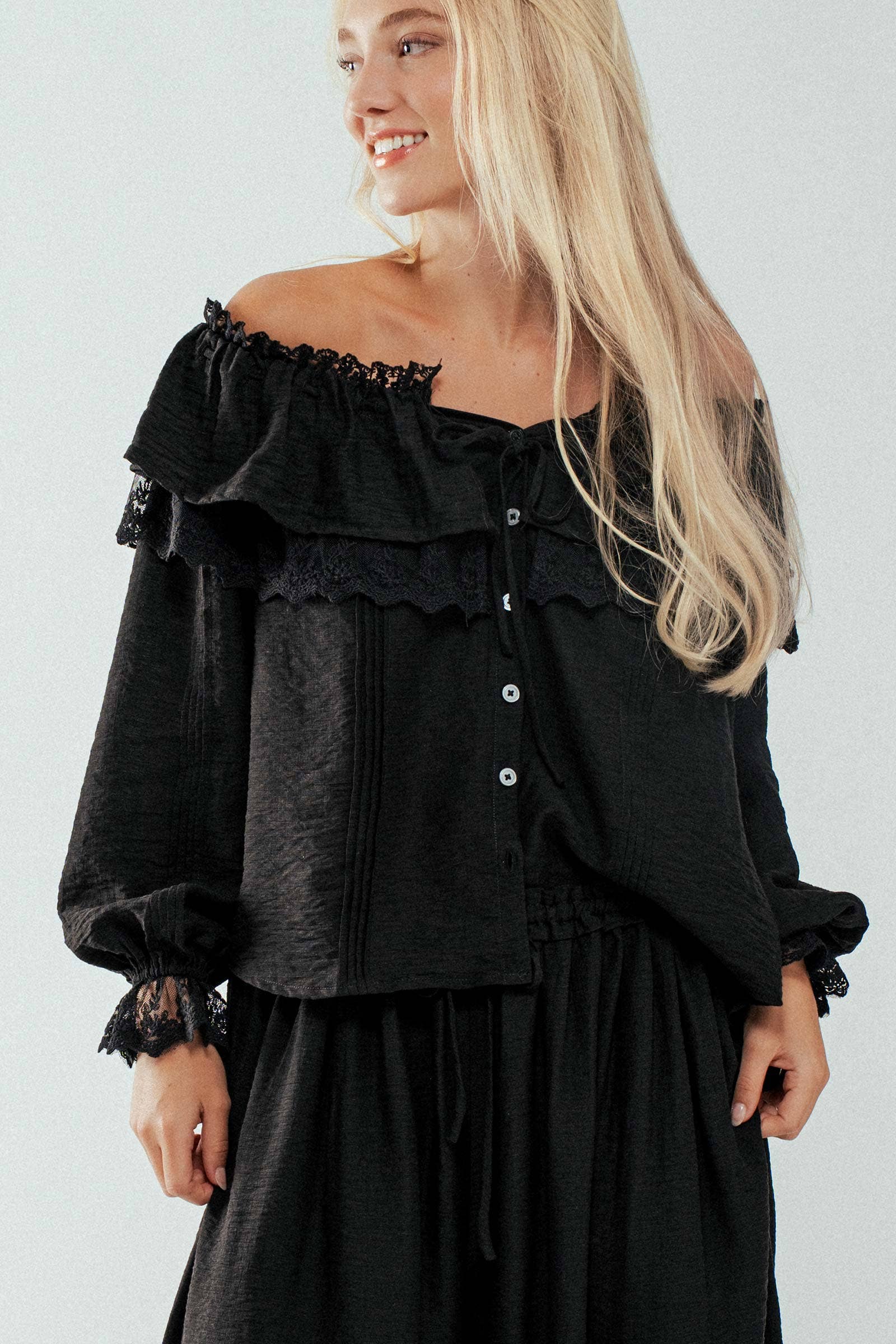 Urban Daizy - Wholesale Blouse - Women's - Lace Trim Ruffle Tie Neck Spring Blouse Top8