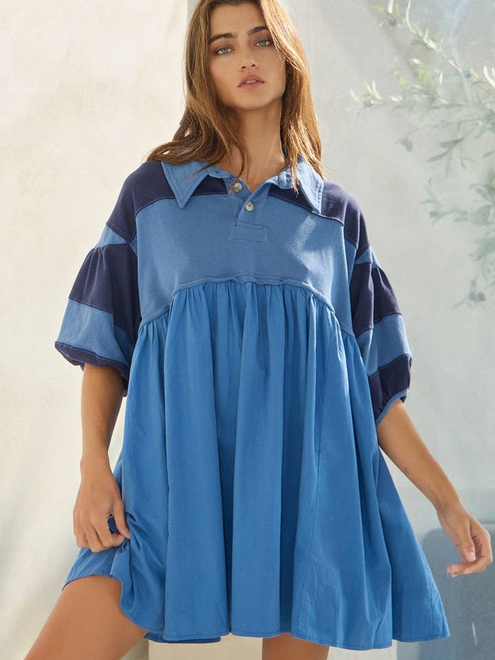 Denim blue ID4301 Billowy Shapeless Silhouette Rugby Mini Dress for wholesale on Faire