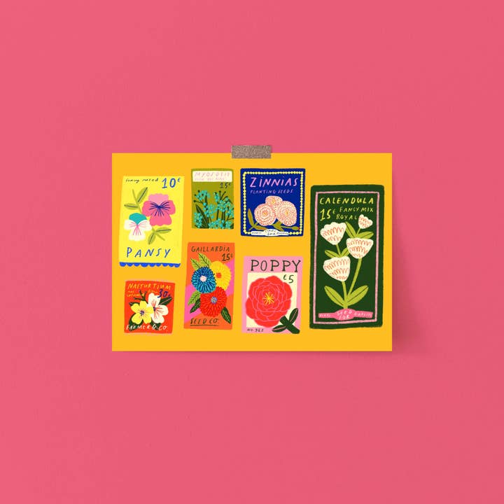 Colourful Flower Seeds Art Print | Collector Junk Journal Scrapbook Wall Decor Multi Colour Bold for wholesale by Kerrie Illustrates