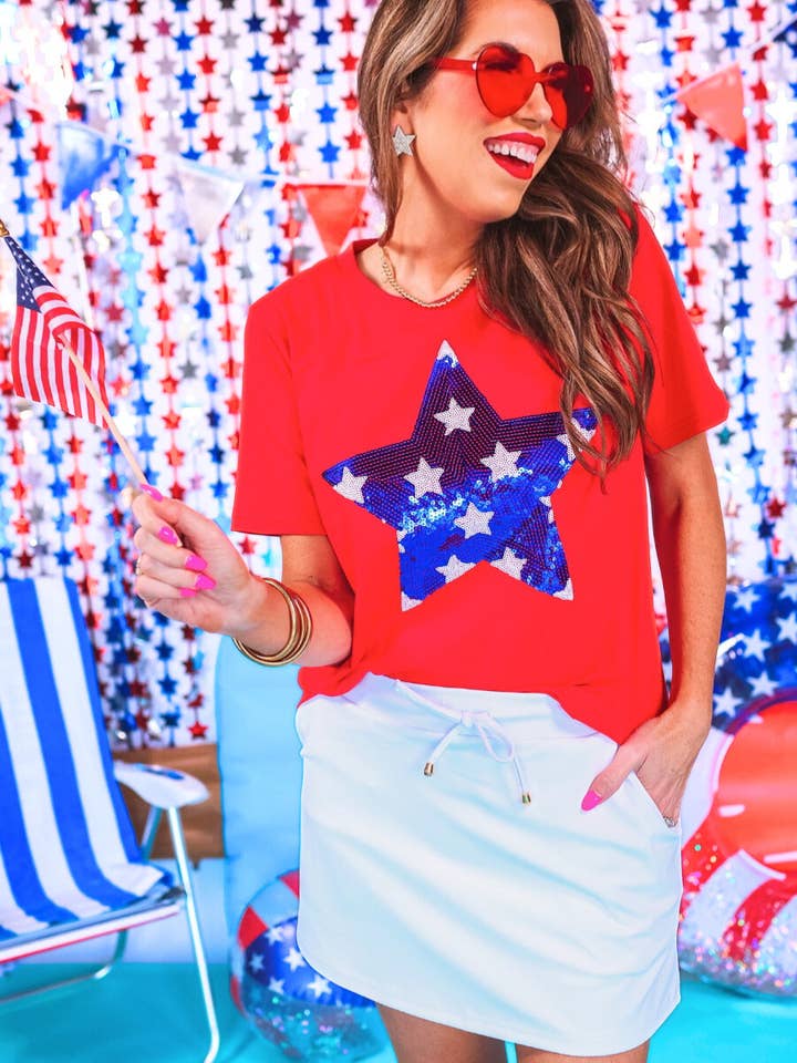 Stars And Sparklers Sequin Top, Red for wholesale by Jess Lea