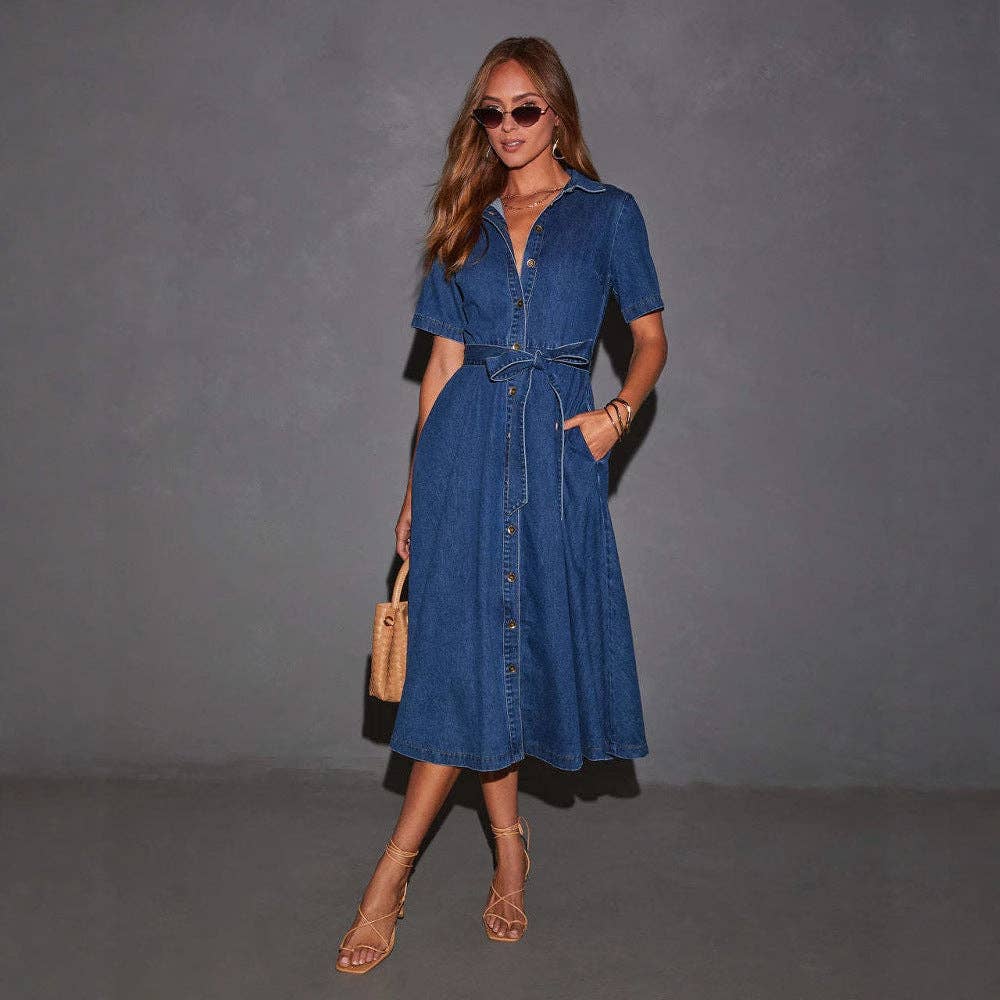 Navy Blue 2025 NEW Vintage VNeck Denim Dress Chic French Elegance for wholesale on Faire18