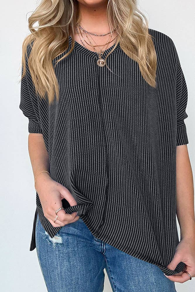 UNISHE - Vente Haut en maille – femme - Top texturé uni à manches chauve-souris à col en V ASJP09417