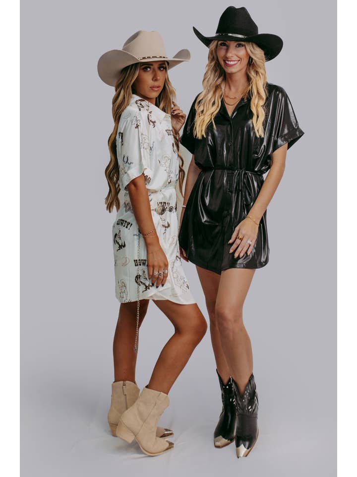 White MK648 Cowgirl Satin Shirt Romper Dress for wholesale on Faire