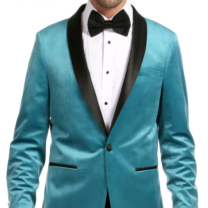 Enzo Turquoises Velvet Slim Fit Shawl Lapel Tuxedo Men's Blazer for wholesale by Ferrecci