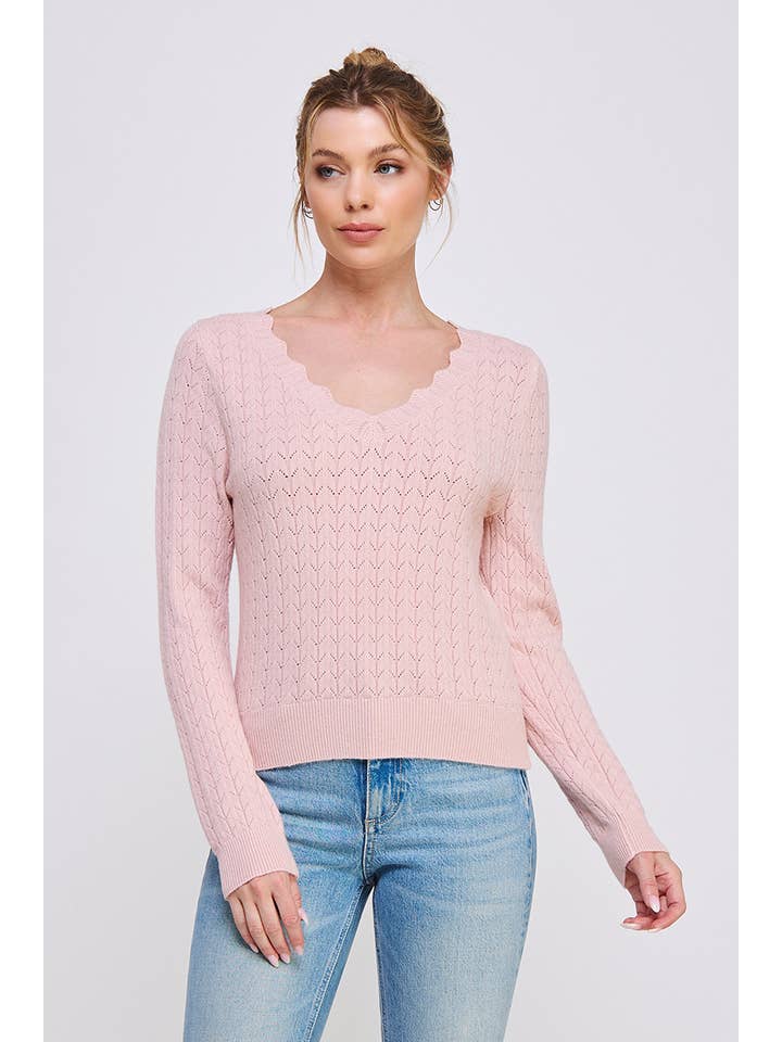 Allie Rose - Wholesale Knit Sweater - Women's - Pointelle Pullover Sweater with Scallop V-Neck