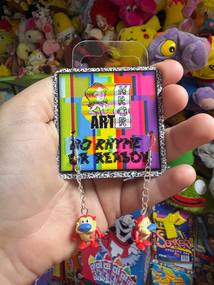 Nickelodeon Ren and Stimpy - Stimpy Earrings - Upcycled for wholesale by NO RHYME OR REASON ART