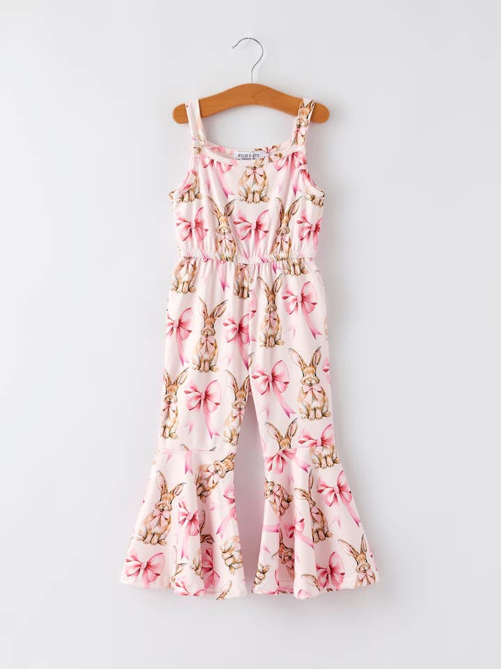 Rosa Osterhasen-Schleifen-Print Mädchen Träger Flared Jumpsuit für den Großhandel von Rylee Faith Designs