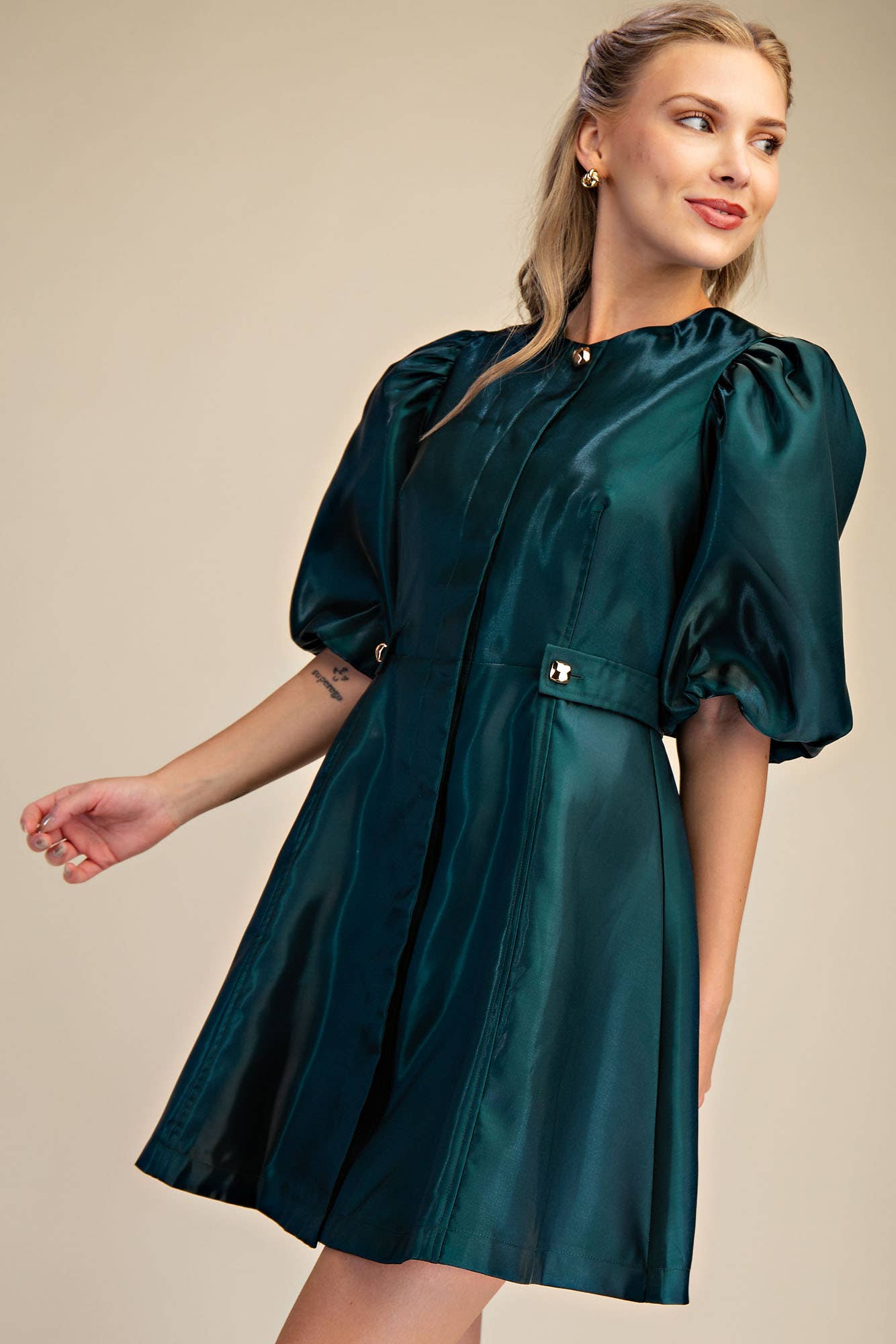 Glam - Wholesale Dress - Women's - Collar Neck Puff Sleeve Waist Detail Shiny Mini Dress10