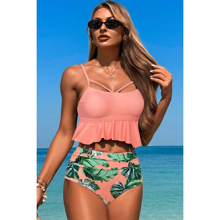 Ruffle Waist Tie Back Top High Waist Brief Tankini for wholesale by Supreme Fashion