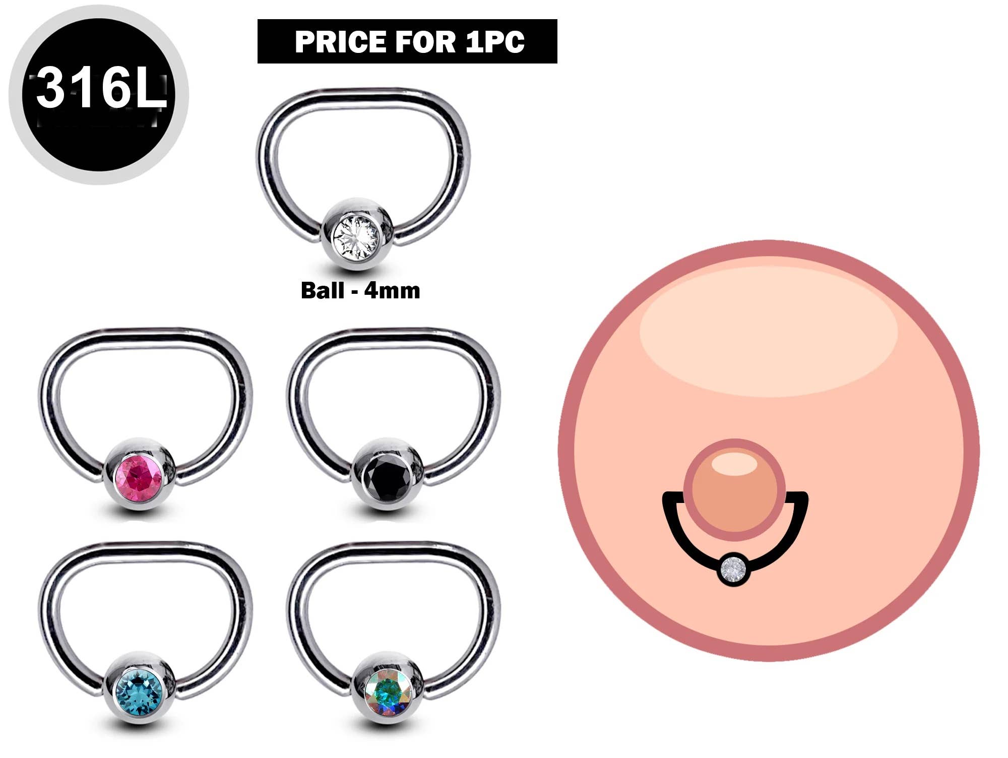 Bodytrend - Wholesale Nipple Ring - D-RING NIPPLE PIERCING JEWELRY WITH DIMPLE GEMBALL -  316L6