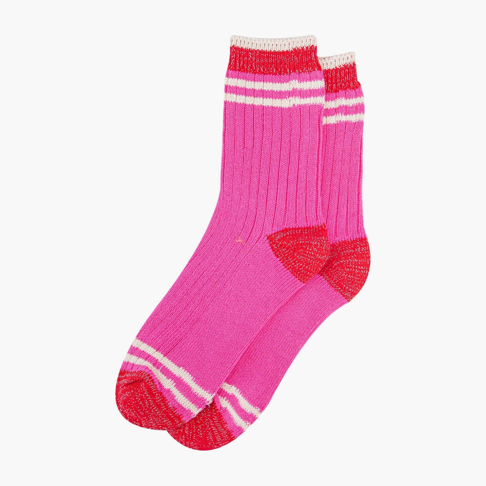 Sock Talk - Vente Chaussettes – femme - Chaussettes mi-mollet pour femmes - Rose/Rouge, bord-côte rayé2