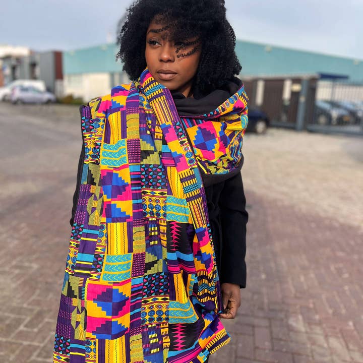 AfricanFabs – Cachecol - Mulher por atacado – Cachecol de Inverno com estampado africano para Adultos Unissexo - Kente multicolorido roxo