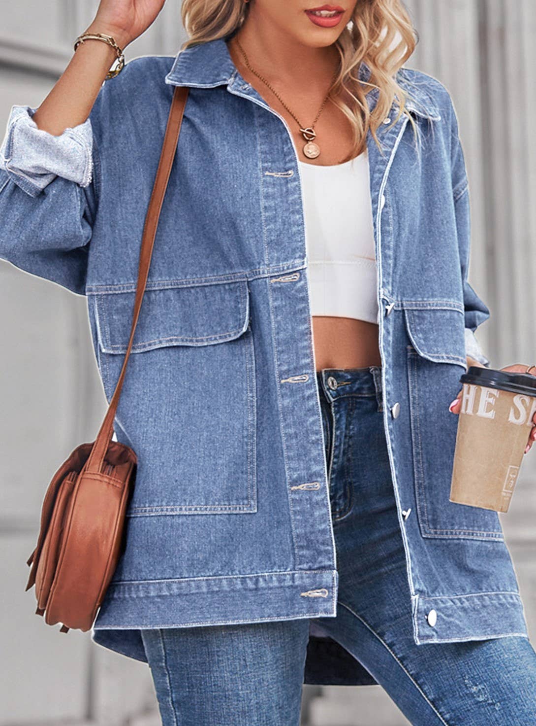 Rosa Clothing - Wholesale Denim Jacket - Women's - Vintage Classic Large-Pocket Loose Denim Jacket2