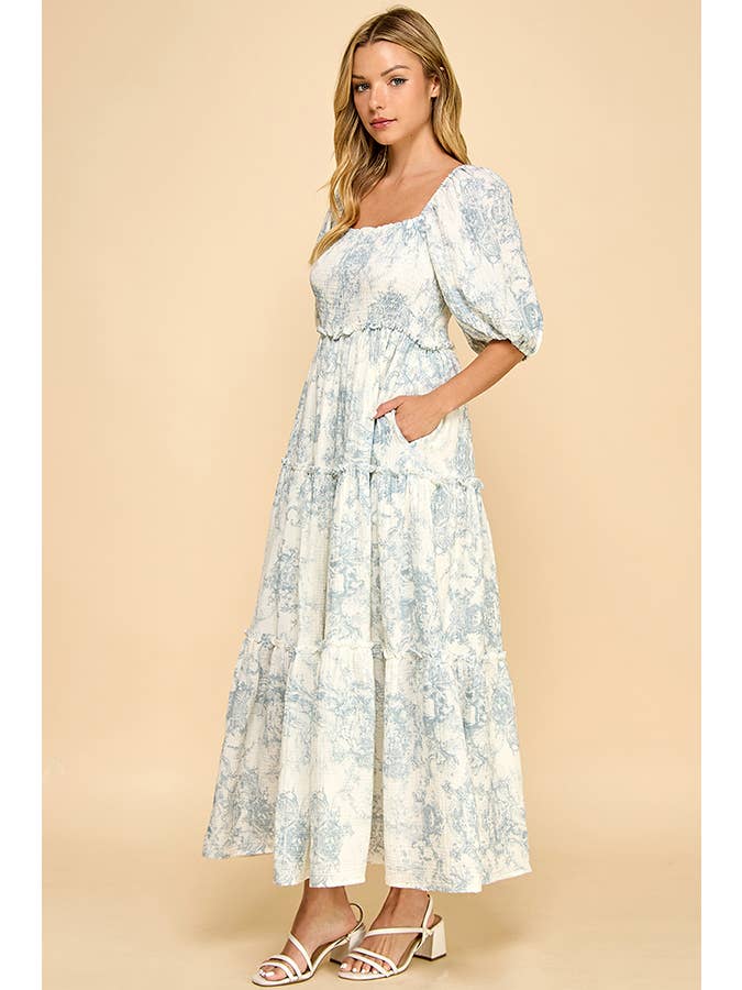 Million Colors - Vendita all'ingrosso Vestito - Donna - Vestito lungo a balze con stampa vintage blu Hattie Puff.7