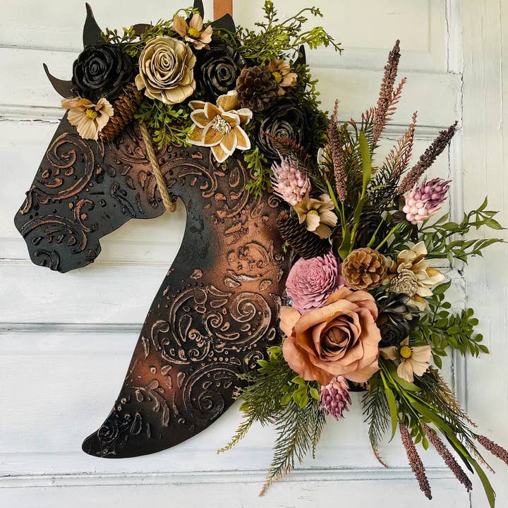 All Designs Equine - Wholesale Wall Accent - Leather Look Wood Flower Horse Head Wall Art Door Wreath2