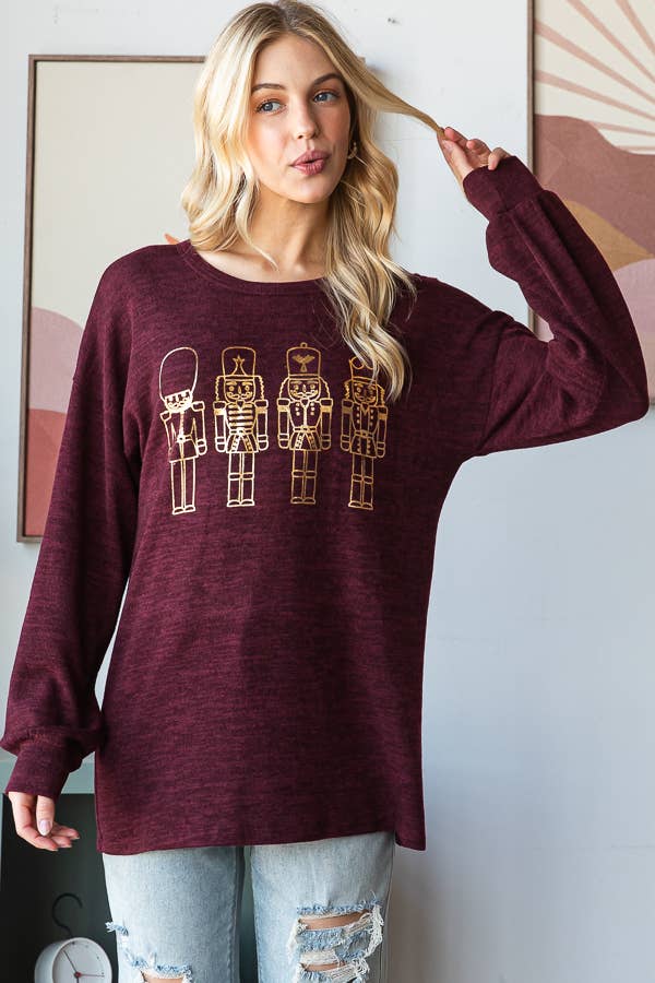 DK BURGUNDY ET7712-10 LONG PUFF SLEEVE ROUND NECK SOLID TOY SOLDIER PRIN for wholesale on Faire6