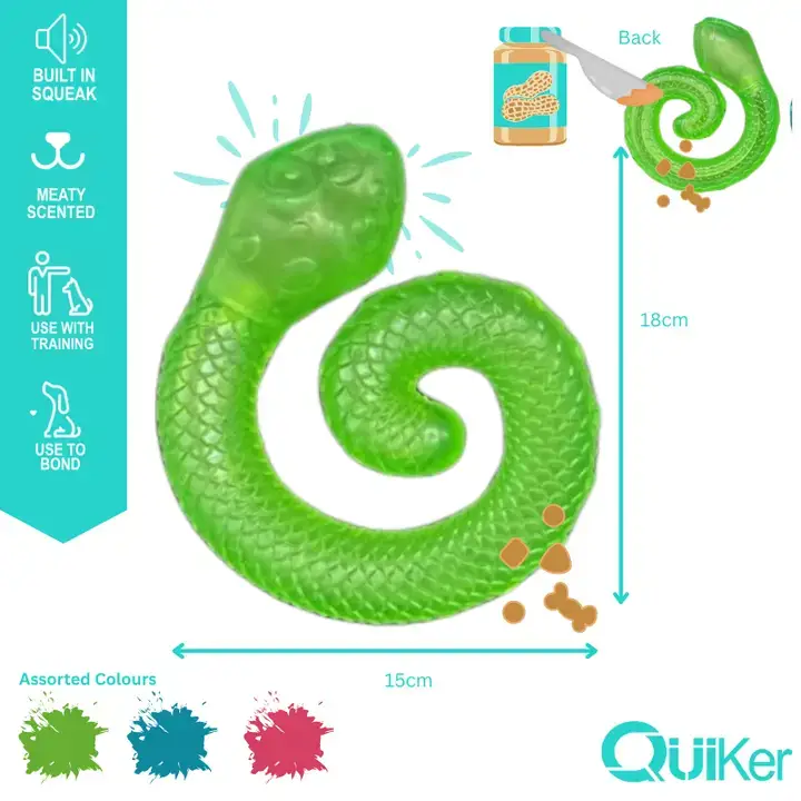 Quiker Pet Products - Vendita all'ingrosso Giocattoli sonori per animali - Cani - Giocattolo per cani a forma di serpente con sorpresa e trattamento avvolto in TPR carnoso - Confezione da 3 pezzi1